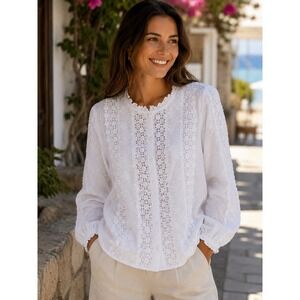 Sundance Embroidered Eyelet White Cotton Button Front Top Medium Intricat Floral
